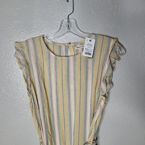 NWT Marine Layer Laney Mini Dress Sz Med Beachy Stripe Linen Blend Ruffle yellow - Picture 3 of 10
